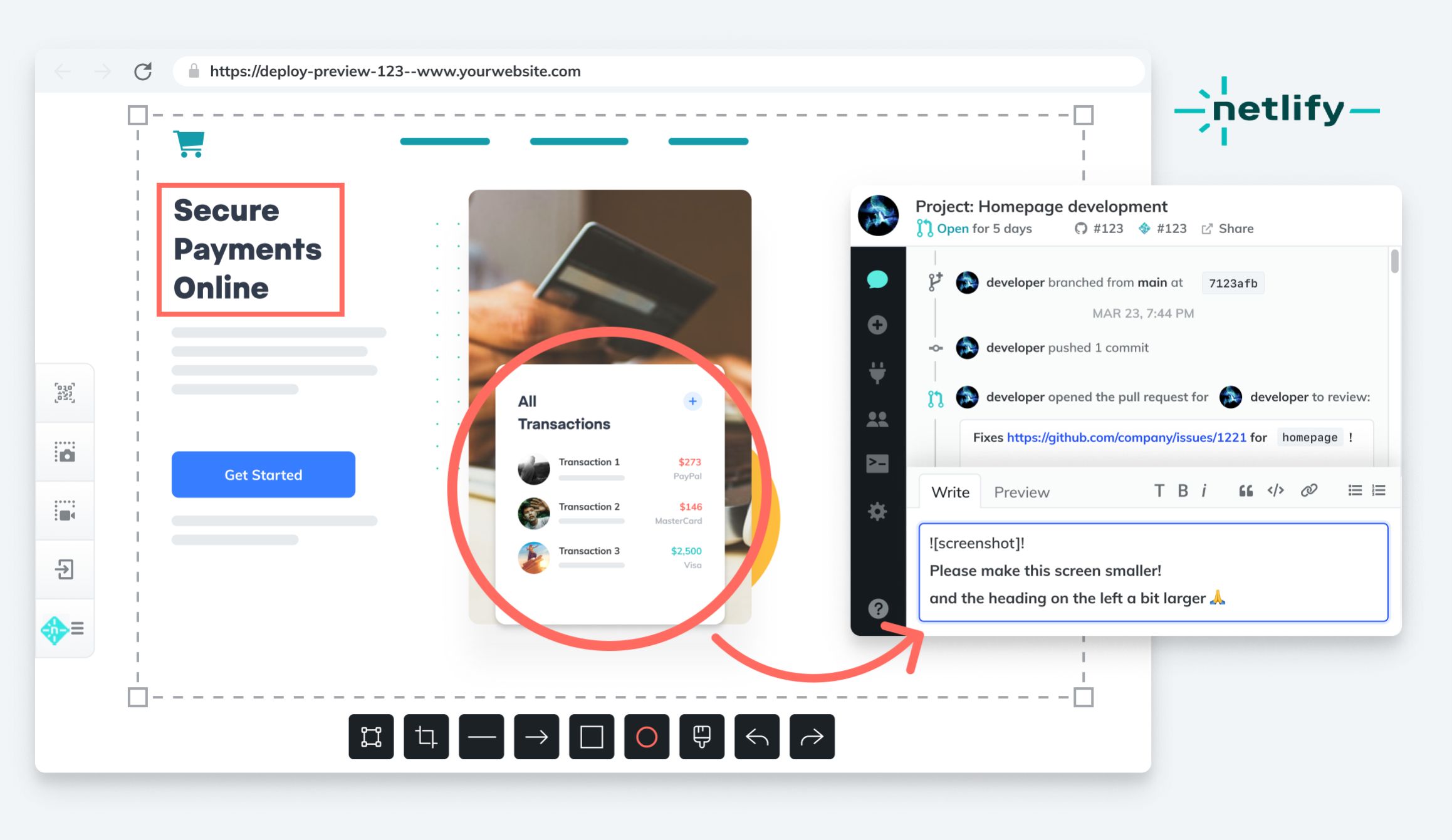 Graphic showing the new ways to collaborate on a Netlify Deploy Preview